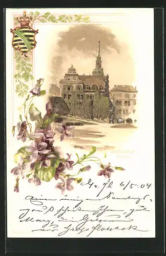Lithographie Dresden, Motiv im Schlosshof, Veilchen