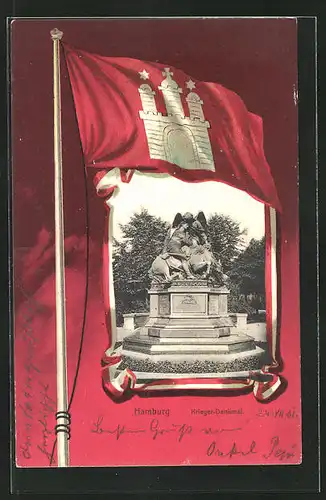 AK Hamburg, Krieger Denkmal und Wappenfahne der Stadt