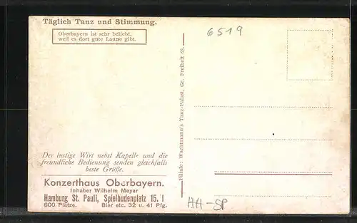 Künstler-AK Hamburg-St. Pauli, Gasthaus Konzerthaus Oberbayern, Spielbudenplatz 15