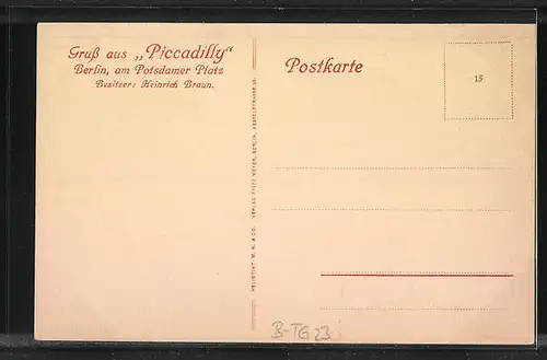 AK Berlin-Tiergarten, Gasthaus Piccadilly, Am Potsdamer Platz, Galerie Ansicht