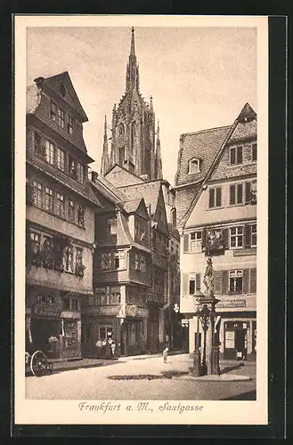 AK Alt-Frankfurt, Saalgasse mit Geschäften und Kirche