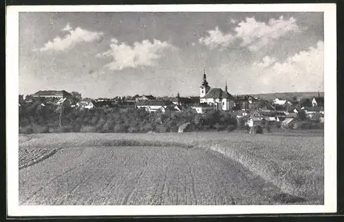 AK Uhlirské Janovice, Blick über Getreidefelder auf den Ort