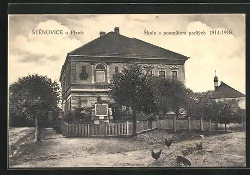 AK Stenovice u Plzne, Skola s pomnikem padlych 1914-18