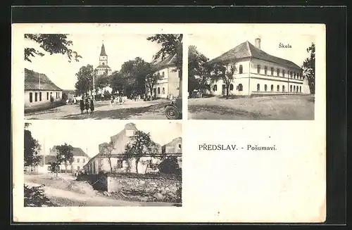 AK Predslav, Posumavi, Schule, Kirche, Ortspartie