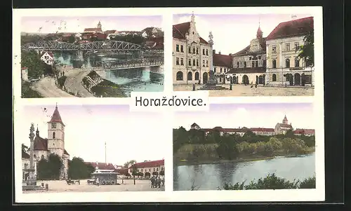 AK Horazdovice, Brücke, Denkmal, Uferpartie