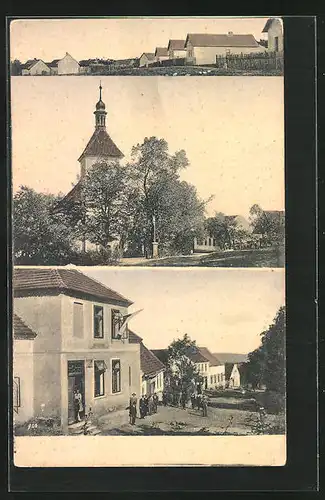 AK Obora, Kirche, Teilansicht, Passanten vor einem Gebäude stehend