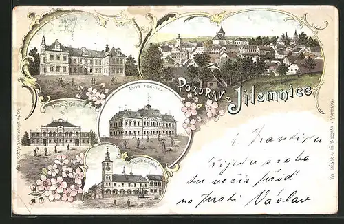 Lithographie Jilmenice, Sokolna, Nova radnice, Zamek, Stara radnice