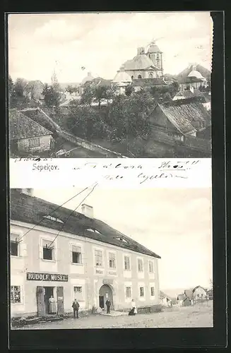 AK Sepekov, haus von Rudolf Musel, Teilansicht mit Kirche