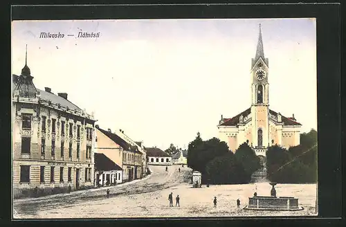 AK Milovsko, Namesti, Kirche und Brunnen am Hauptplatz