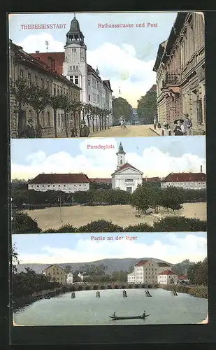 AK Theresienstadt / Terezin, Rathausstrasse & Post, Paradeplatz, Eger-Partie