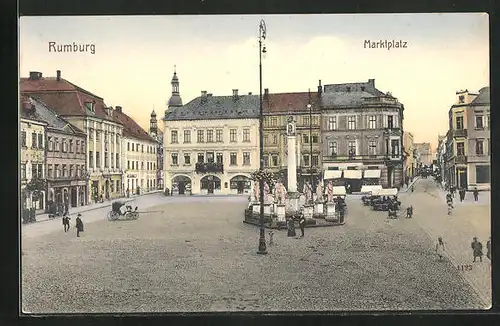 AK Rumburg / Rumburk, Marktplatz mit Denkmal