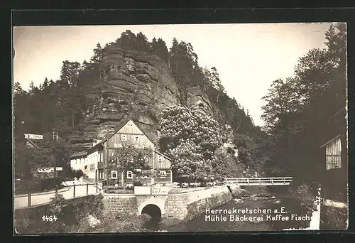 AK Herrnskretschen / Hrensko, Mühle-Bäckerei-Café Fischer