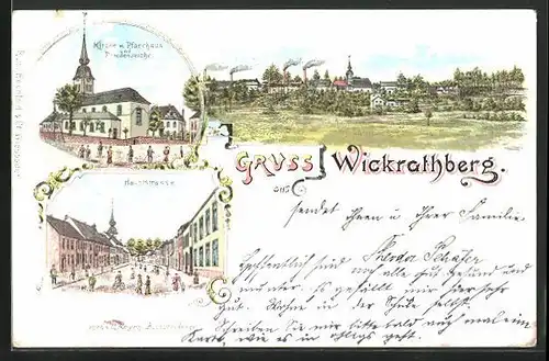 Lithographie Wickrathsberg, Hauptstrasse, Kirche mit Pfarrhaus und Friedenseiche