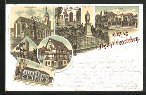 Lithographie Neuhaldensleben, Goldschmied Kühnes Wohnhaus, Villa Gericke, Kriegerdenkmal