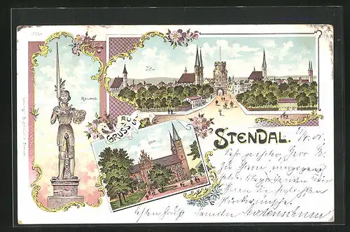 Lithographie Stendal, Roland, Dom, Panorama der Innenstadt