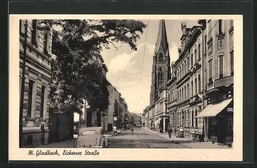 AK Mönchengladbach, Eickener Strasse, Geschäfte und Kirche