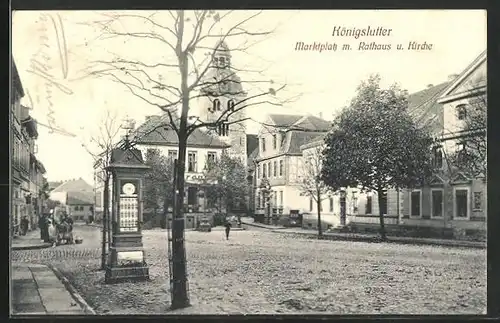 AK Königslutter, Marktplatz mit Rathaus und Kirche, Wettersäule