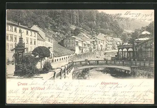 AK Wildbad, Olgastrasse mit Brücke und Fluss