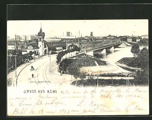 AK Kehl, Brücke mit Fluss und Ortsansicht im Hintergrund