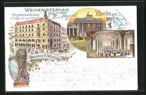 Lithographie Berlin, Gasthaus Brauerei Weihenstephan, Friedrichstrasse, Innenansicht, Brandenburger Tor