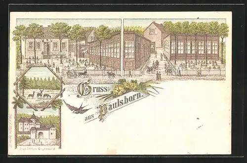 Künstler-AK Berlin-Grunewald, Gasthaus Paulsborn, Jagd Schloss Grunewald, Hirsch und Rehe