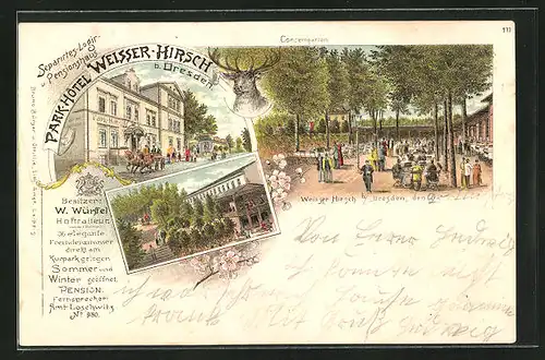 Lithographie Dresden-Weisser Hirsch, Park-Hôtel Weisser-Hirsch mit Pferdewagen, Konzertgarten, Parkpartie