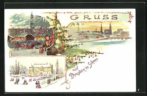 Winter-Lithographie Dresden, Weihnachtsmarkt mit Pferdeschlitten, Mehrfachansicht