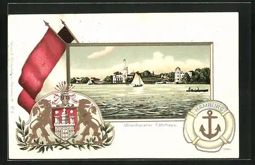 Passepartout-Lithographie Hamburg-Uhlenhorst, Gasthof Uhlenhorster Fährhaus mit Booten, Wappen