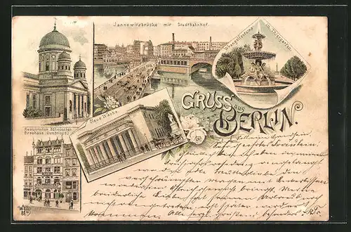 Lithographie Berlin, Gasthaus Böhmisches Brauhaus Friedrichstrasse, Neue Wache, Jannowitzbürcke mit Stadtbahnhof