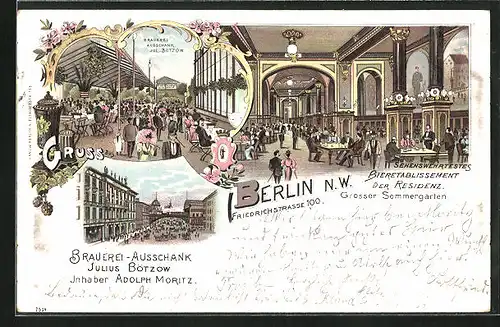 Lithographie Berlin, Gasthaus Brauereiausschank Julius Bötzow, Friedrichstrasse 100, Innenansicht, Garten, Strassenpartie