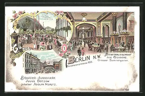 Lithographie Berlin, Gasthaus Brauerei Ausschank Jul. Bötzow, Friedrichstrasse 100, Innenansicht, Garten, Strassenpartie