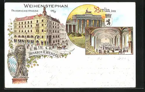 Lithographie Berlin, Gasthaus Brauerei Weihenstephan, Friedrichstrasse 176-77, Innenansicht, Brandenburger Tor