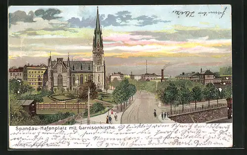 Lithographie Berlin-Spandau, Hafenplatz mit Garnisonkirche