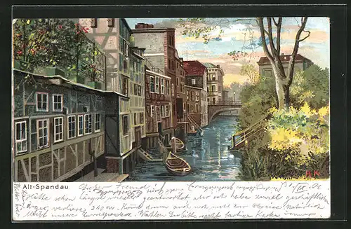 Lithographie Berlin-Spandau, Flusspartie mit Wohnhäusern