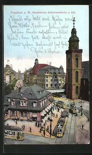 AK Frankfurt, Hauptwache mit Katharinenkirche und Zeil, Strassenbahnen