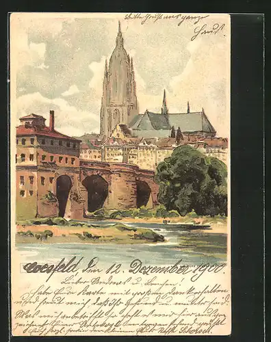 Lithographie Alt-Frankfurt, Blick auf Brücke und Dom