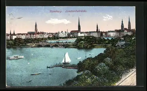 AK Hamburg, Lombardsbrücke mit Kirchtürmen