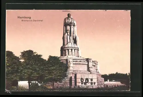 AK Hamburg-St. Pauli, Bismarck-Denkmal im Abendrot