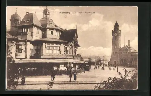 AK Hamburg-St. Pauli, Fährhaus mit Passanten
