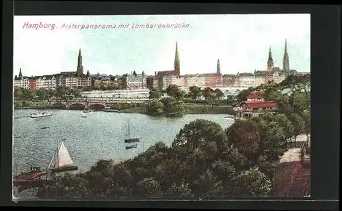 AK Hamburg, Alsterpanorama mit Lombardsbrücke