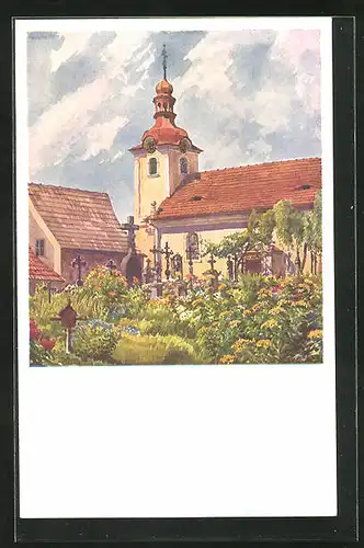 Künstler-AK Druschetz, Kirche und Friedhof
