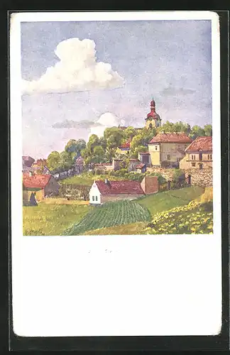 Künstler-AK Druschetz, Ortsansicht im Sommer