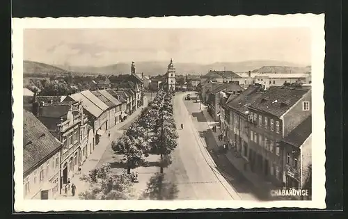 AK Chabarovice, Ortsansicht mit Kirche aus der Vogelschau