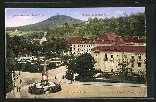 AK Teplitz Schönau / Teplice, Kaiserin-Elisabeth-Bad mit Kriegerdenkmal