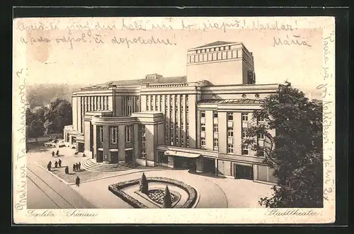 AK Teplitz Schönau / Teplice, Stadttheater aus der Vogelschau