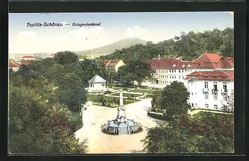 AK Teplitz Schönau / Teplice, Kriegerdenkmal aus der Vogelschau