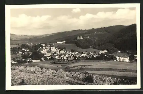 AK Velhartice na Sumave, Totalansicht auf den Ort zur Erntezeit