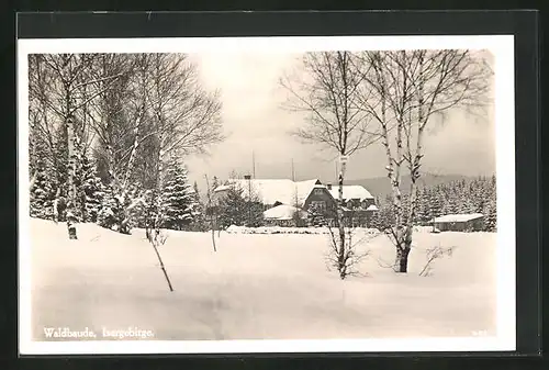 AK Unter-Wurzelsdorf /Isergebirge, Gasthaus Waldbaude im Schnee