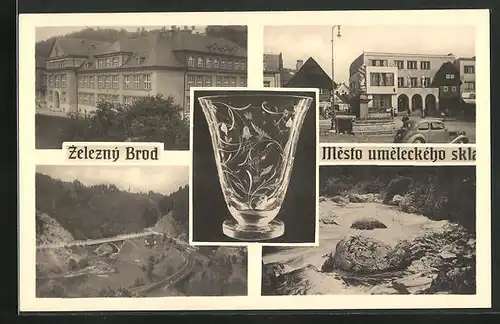 AK Zelezny Brod, Mesto umeleckeho skla, Brücke, Gebäudeansicht, Vase