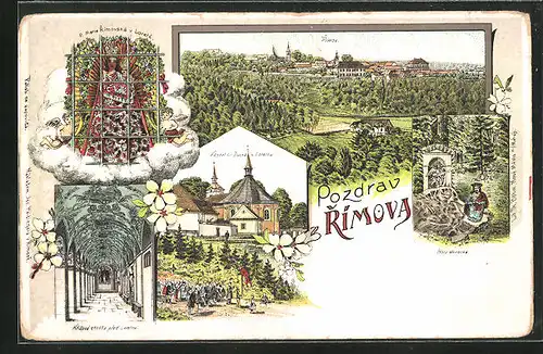 Lithographie Rimov, Kostel sv. Ducha s Loretou, Hora olivecka, P. Maria Rimovska v. Lorete